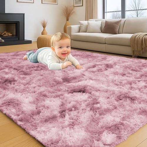 INSPIRE HOMEWARE Rugs Living Room Large 160x230 cm Soft Fluffy Tie Dye Pink Lilac Area Rugs for Bedroom Non Shedding Modern High Pile Carpet for Lounge Nursery Rug for Kids Room