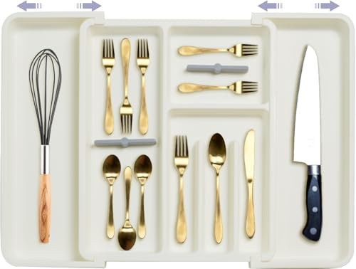 ZHUIYIWIN Range Couverts Extensible pour Tiroir Cuisine avec 9 Compartiments, Organisateur Réglable pour Ustensiles et Couverts (Blanc-RX)