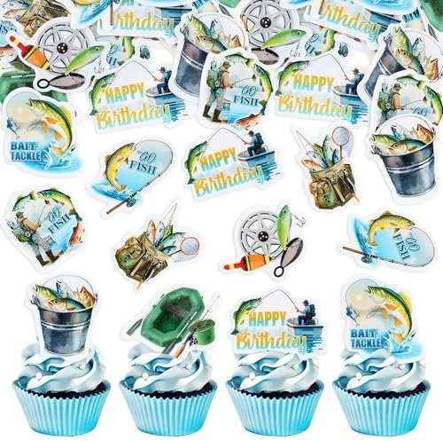 Blumomon 40Pcs Edible Gone Fishing Cake Topper Fish Cake Decoration Fishermen Bait Angling Boat Themed Happy Birthday Cake Decoration for Girl Boy Kids Children Birthday Party Supplies