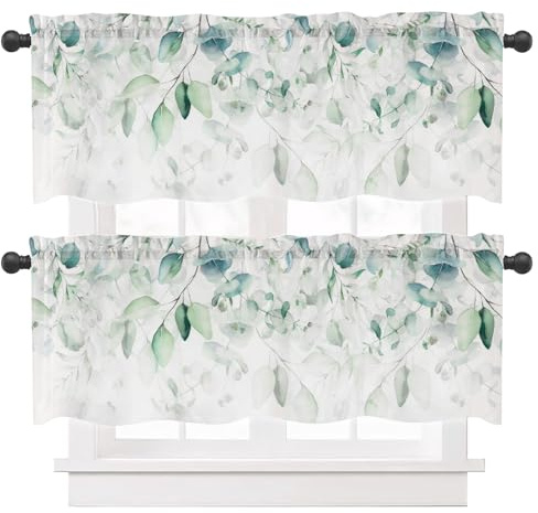 Ausing Ausig Bistrogardine Kurzer Fenster Elegante Blumen Bedruckte Vorhänge 2er Set Volants Wohnzimmer Schlafzimmer Balkon, Grün