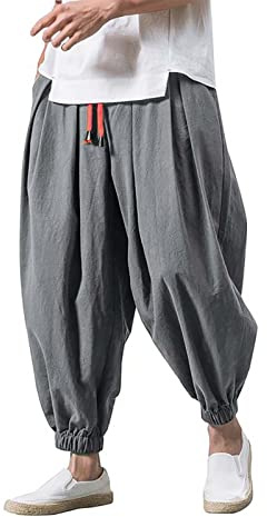 Baggy Haremshose Herren Sommer Leinenhose Leichte Sommerhose Weite Pumphose Pluderhose Aladinhose mit Kordelzug Elastischer Taille Japanische Freizeithose für Männer Junge Y2K Hippie Hose Streetwear
