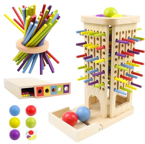 Tyafzzn Montessori Spielzeug ab 3 Jahre Holz, Jahren 3-in-1 Brettspiele Lernspiele mit 40 Holzstäbe, Aufbewahrungsbox, Farblernturm Montessori, Reisespiele aus Holz für Kinder