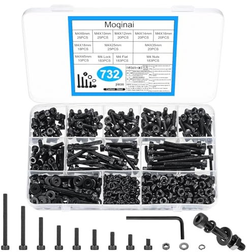 732 Stück M4 Schrauben Set, Schwarze Kohlenstoffstahl Zylinderkopfschrauben mit Innensechskant Schrauben Muttern und Unterlegscheiben Set, Maschinenschrauben Sortiment, Gewindeschrauben Muttern Sets
