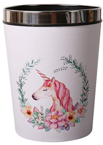 JECOMPRIS Round Unicorn Trash Can with Pressing Ring Decorative Bathroom Waste Bin for Household Use Cartoon Patterned Toilet Waste Basket for Office School Hotel and Nursery