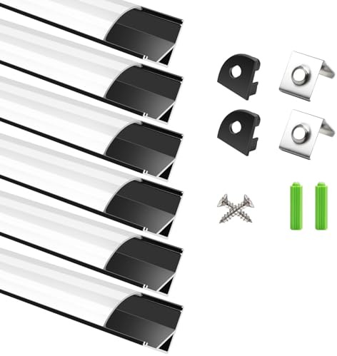 LightingWill LED Profil 6 × 1m, V-Form Aluminium Profil in Schwarz mit Milchweißer Abdeckung, Endkappen und Montageclips, LED-Schiene für LED-Streifen