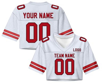 Maillot de Football Américain Personnalisés Nom et Numéro pour Femmes, Crop Top Oversize Y2K Streetwear pour Filles, Haut Court à Manches Courtes et Encolure en V, Tenue de Pom-Pom Girl