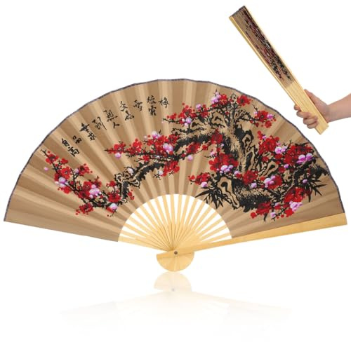ULTECHNOVO Grand Éventail Chinois Mural 90 x 50 cm Fleur de Prunier | Éventail Pliant Décoratif Asiatique à Accrocher au Mur pour Salon Mariage Studio Photo et Déco Intérieure