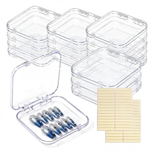 Zosutetoxo 16-Pack Press on Nails Storage Boxes, Transparent Acrylic Nail Box with Tape, Empty Organiser for Artificial Nails & Nail Studio Display, a Thoughtful Gift