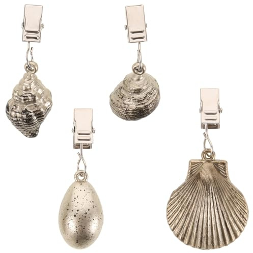 4 Tischdeckenanhänger Muschelform aus Zinklegierung mit Metallclip | 7x4x2cm, Dekorative Bemalung, Glatte Oberfläche, für Gartenterrassen, Feiern, Gastronomie und Outdoor Aktivitäten