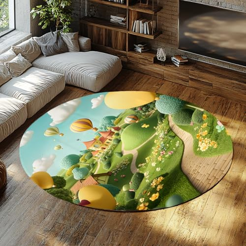 MOKOSAISE Waschbarer Teppich Bereich 150cm（Runden） Runde Teppiche Wohnzimmer verspielter Cartoon Flacher Teppich Schlafzimmer Spielzimmer Kinderzimmer Märchen Schlossballons Teppiche drinnen