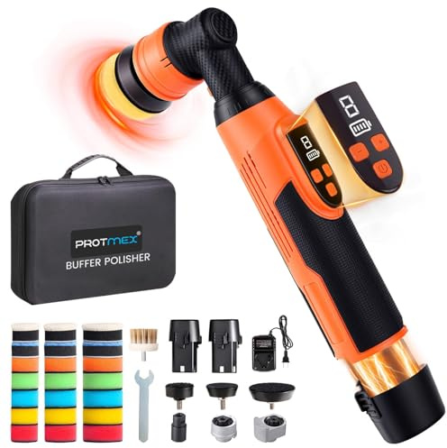 Protmex Mini Poliermaschine Auto Akku Rotations&Orbital Polieren 12V | 1.2/1.6/2 Inch, 8 Geschwindigkeiten 2500-6000RPM,12V 2.0Ah Batterie Auto Polier für Autodetailing