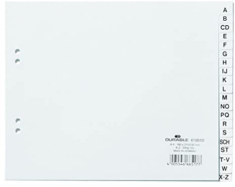 Durable 610002 Registres A-Z, DIN A4 Couvrant Partiellement, 20 Parties, Blanc