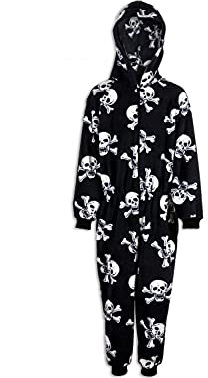 Camille Childrens Super Soft Fleece Onesie- Hooded All In One - Long Sleeved and Full Length with Elasticated Cuffs and Ankles Black & White Skull Print 12-14 Years