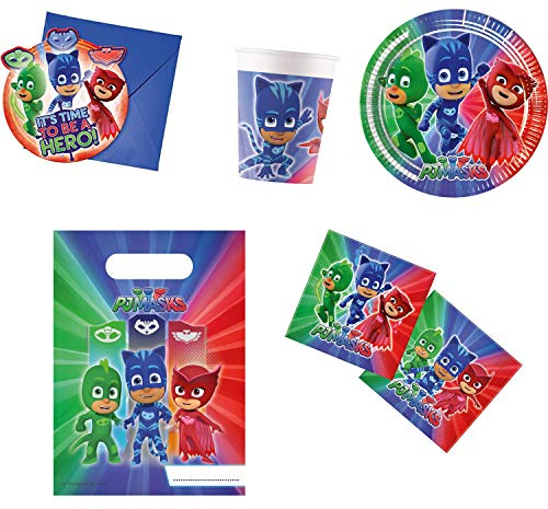 Procos 10117003 - Partyset PJ Masks, 48-teilig, 8 Teller, 8 Becher, 20 Servietten, 6 Partytüten, 6 Einladungen mit Umschlag