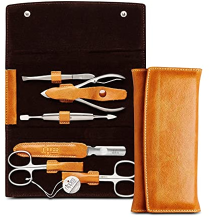 nippes Solingen, Premium Line Maniküre Set, Cognac, Braun, 6 teilig, Edelstahl rost- und nickelfrei, Rindsleder Etui mit Druckknopf, Nagelschere, Nagelpflege