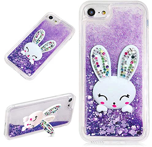 LCHDA für iPhone 7 8 Glitzer Flüssig Hülle Lila Mit Hasen Ohren handyhüllen Flüssigkeit Wasserfall Farbverlauf Sternen Süß 3D Karikatur Hase Stand Transparent Silikon Bumper Schutzhülle