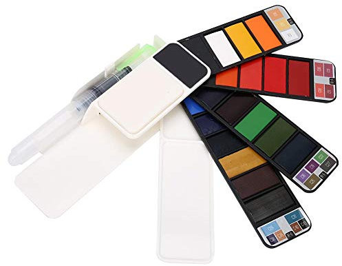 Watercolour Paint Set, 18 Colors Foldable Fan Shaped Solid Watercolour Pigments with Water Brush Palette for Artists Students Beginners Amateur Hobbyists and Painting Lovers