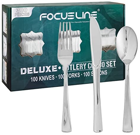 FOCUSLINE 300 Count Silver Plastic Silverware Set, Disposable Cutlery