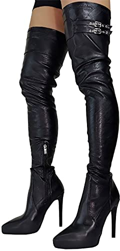 ZHENGRUI Stivali sopra il ginocchio da donna, stivali lunghi alla coscia stivali alti a punta alla moda con tacco alto e fibbia sexy alla moda, colore nero - 45
