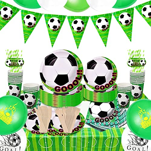 VIPNAJI Set de Vajilla, Suministros De Decoración De Fiesta De Fútbol para Fiestas de Cumpleaños, 162pcs, Incluye Platos, Vasos, Servilleta y Guirnaldas de Papel cartón. (20 Invitados)