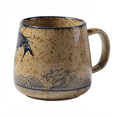 1 taza de café vintage de estilo retro japonés, tazas de cerámica de 380 ml, taza de desayuno de arcilla para cambiar el horno, regalo creativo para amigos, tazas incluye tapa y cuchara