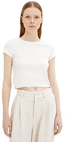 TOM TAILOR Denim Damen Cropped Ripp T-Shirt mit Bio-Baumwolle 10348 - Gardenia White L