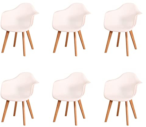 HJhomeheart Esszimmerstühle mit Armlehnen, 6er-Set, Moderne Design-Sessel, Beine aus Buchenholz, Skandinavische Küchenstühle (Weiß)