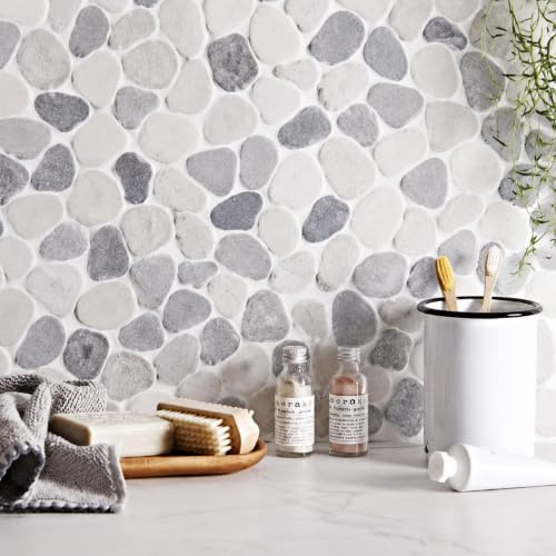 Diflart Pebble Tile for Shower Floor, Java Tan and White, 5 Sq.ft, Pebble Backsplash for Kitchen Bathroom Wall and Floor Tile