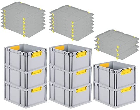 PROREGAL SuperSparSet 8x Eurobox NextGen Color mit Auflagedeckel & Schiebeschnappverschlüsse, HxBxT 22x30x40cm, 20L, Griffe gelb geschlossen, Glatter Boden, Eurobehälter Transportbox Transportbehälter