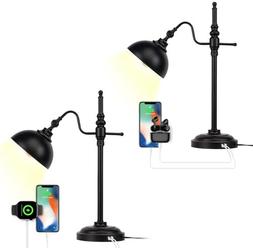 JCPYIUL Schwarze Metall Tischlampe Industrial Style mit USB Anschluss, Retro Schreibtischlampe Rund für Wohnzimmer, Schlafzimmer, Büro (Doppelpack)