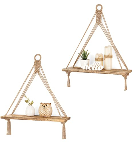 Mkono Lot de 2 étagères murales flottantes en macramé style bohème rustique pour chambre à coucher, salle de bain, salon, chambre d'enfant, dortoir, présentoir pour suspendre des plantes et des photos