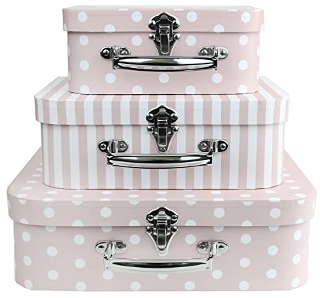 Emartbuy Set di 3 scatole regalo rigide per presentazioni, a pois e strisce, interno rosa con manico in metallo e chiusura