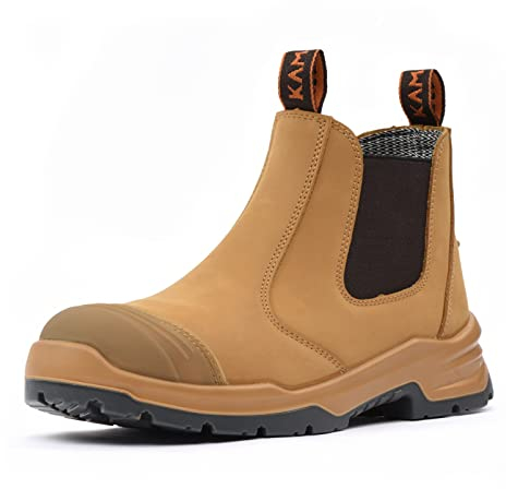 KAM-LITE Scarpe da lavoro uomo scarpe antinfortunistiche antiscivolo punta in acciaio impermeabile traspirante stivali da lavoro in pelle, frumento, 47 EU Larga