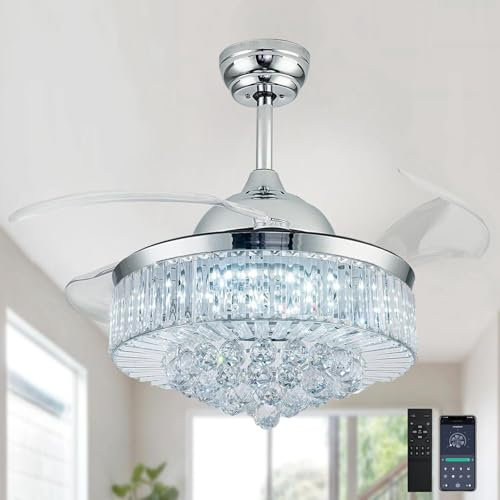 42 Inches Fandelier Ceiling Fan with Light, Retractable Chandelier Fan Invisible Blades Dimmable Crystal Ceiling Fan for Bedroom Living Room Dining Room