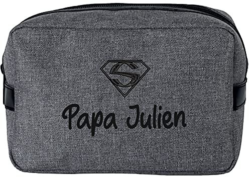 Trousse de toilette homme brodée et personnalisée, 2 coloris au choix, 14x20x9cm, cadeau papa, cadeau garçon, anniversaire, fête des pères (Gris clair SUPER)