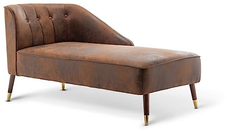 Luxury Modern Brown Tufted Faux Leather Right Hand Indoor Chaise Lounge Chair for Bedroom Living Room Conservatory Window Seat with Arm & Wooden Feet – Small Upholstered Lounger/Bed End Bench