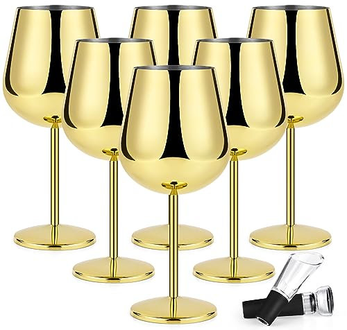 LiqCool Gold Stainless Steel Wine Glasses Set (6 Pack) - 21 Oz Unbreakable Wine Glass with Decanter & Stopper, Perfect for Valentine's Day, Engagement, Anniversary