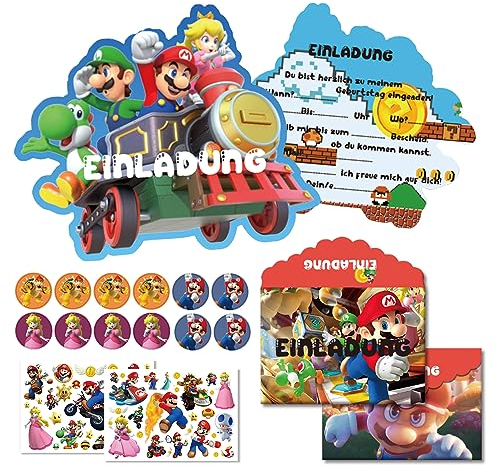 Byhsoep 12x Super Bro Einladungskarten mit 12 Umschlägen,2 Super Bro Tattoo,12 Super Bro Runder Aufkleber,Super Bro Deutsche Einladungskarten Junge für Mädchen,Fans,Kindergeburtstag