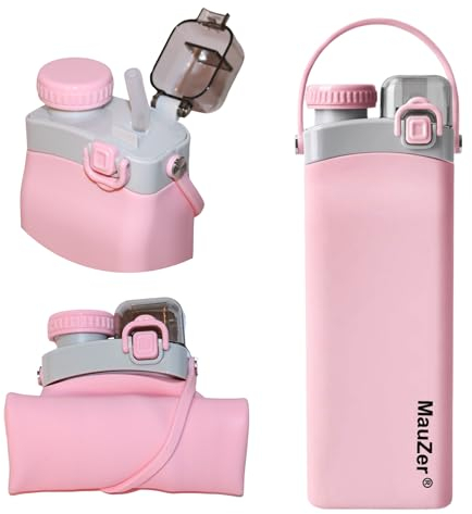 Mauzer® Faltbare Trinkflasche mit Strohhalm - Auslaufsicher, 600ml Wasserflasche aus Silikon, BPA frei - Ideal für Kinder, Sport, Reisen, Camping, oder Festival (Pink)