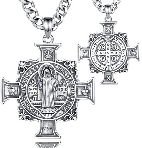 EUDORA Harmony Ball Collar Medalla de San Benito Cruz para Mujer Hombre Plata de Ley 925, Amuleto Collars San Benito Colgante St. Benedic Cristiano Católico Joyería Regalo para Padre Madre, 22+2