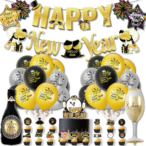 WIDEBG Silvester Deko 2024 Neujahr Luftballons Silvester Dekoration Happy New Year Banner Tortendeko Sektflasche Folienballons Stern Neujahrsdeko 2024 Party (39 Stück)