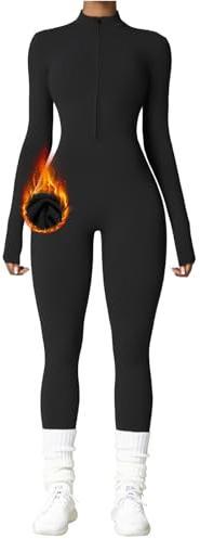 OEAK Damen Sport Jumpsuit Lang Eng Yoga Overall Langarm Rollkragen Playsuits mit Rei?verschluss Nahtloser Fleece gefüttert Bodysuit Einteiler Romper(Schwarz,S)