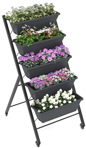 TANGZON 5-Tier Vertical Raised Garden Bed with Wheels, Elevated Garden Planter with 5 Removable Trays & Drain Holes, Indoor Outdoor Ladder Flower Herb Growing Box for Patio Yard (57x68x117cm, Black)