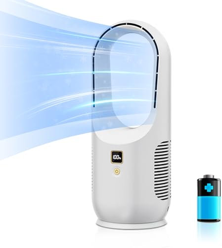 ARIK HOME Bladeless Desk Fan, Rechargeable Battery Operated 11.8in Portable Quiet Office Fan, 3 Speeds, Easy to Clean, Small Tabletop Personal Fan for Office, Living Room, Bedroom (White)