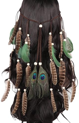 Indianer Kostüm, Feder Kopfschmuck Boho Hippie Stirnband - Fancy Federschmuck Böhmische Kopfbedeckung Quaste für Damen Mädchen Karneval Kopfschmuck, Party Cosplay Pfauenfedern Kostüm