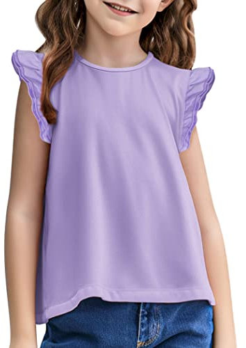 Arshiner Ragazze T-Shirt Maniche con Volant Bambini Estate Tempo Libero Unicolore Manica Corta Scollo Rotondo Moda Maglietta per Girls 11-12 Anni