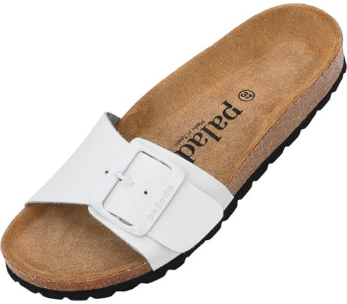 Palado Pantoletten Damen Malta EGS Matt Premium Leather - elegante Sandalen Made in Spain - bequeme Hausschuhe mit Kork-Fußbett - modische Sommerschuhe Weiß/Schwarz UK9 - EU42