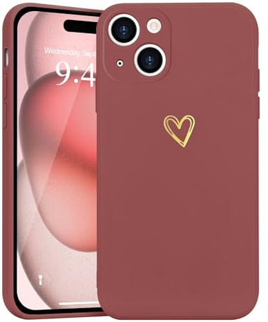 Wirvyuer Kompatibel mit iPhone 15 Handyhülle Mädchen,Weißdornrot | Gold Süßes Liebesherz Hülle, Stoßfest Schutzhülle für Damen und Mädchen, Weich Silikon Handyhülle, Slim Cute Gold Love Case