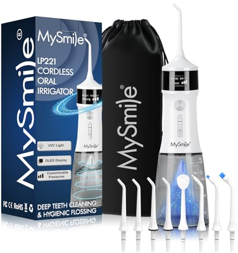 MySmile LP221 UVC Sterilisierbare schnurlose Wasserflosser für die Zähne, 335 ml, tragbares OLED-Display, Zahnseide mit 4 Modi, 8 Düsenspitzen und einer Aufbewahrungstasche für Zuhause und Reisen