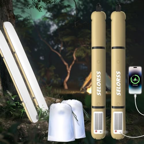 SELORSS Portable Inflatable Outdoor Camping Light, IP66 Waterproof Standard, Three White Light Modes and Strobe Signal Light for Camping, Hiking, Traveling, etc. (Khaki Two Pack)